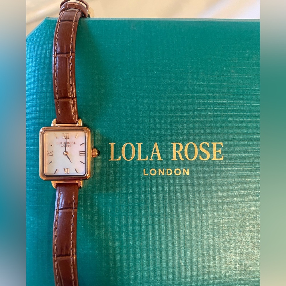 Lola Rose brown leather watch with mother-of-pearl face. Comes with original box